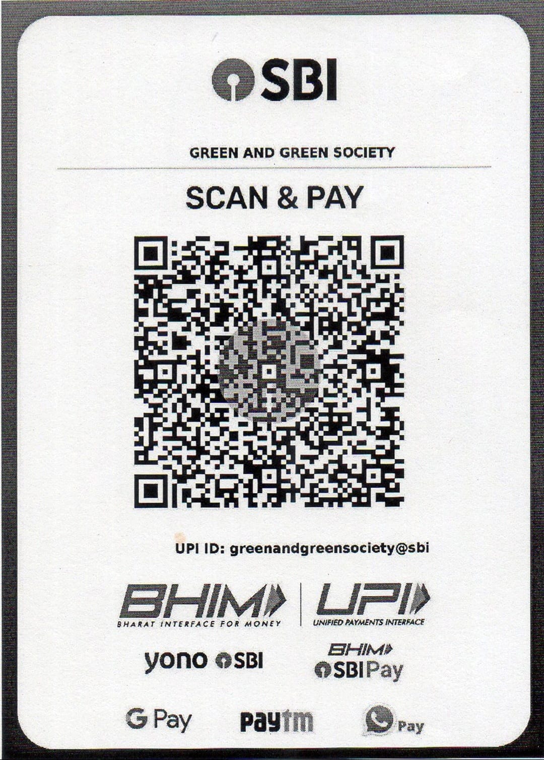 Green And Green Society SBI UPI QR code